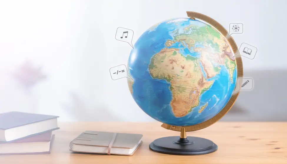 Globo terráqueo con símbolos académicos representando la nivelación escolar de alumnos que vuelven del extranjero