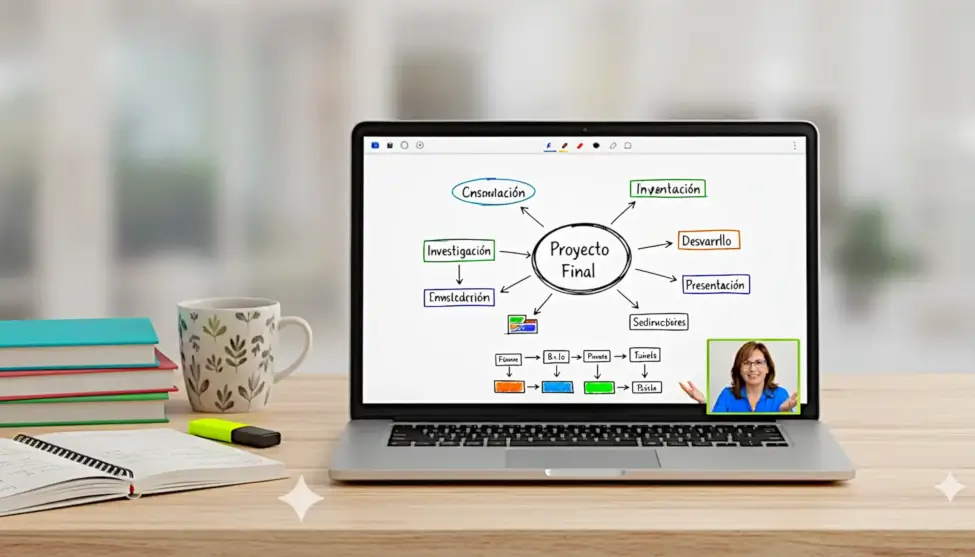 Clase de apoyo online en directo mostrando pizarra virtual interactiva con ejercicios
