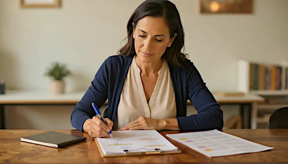 Profesor especializado corrigiendo un examen de la PAU Selectividad con criterios oficiales